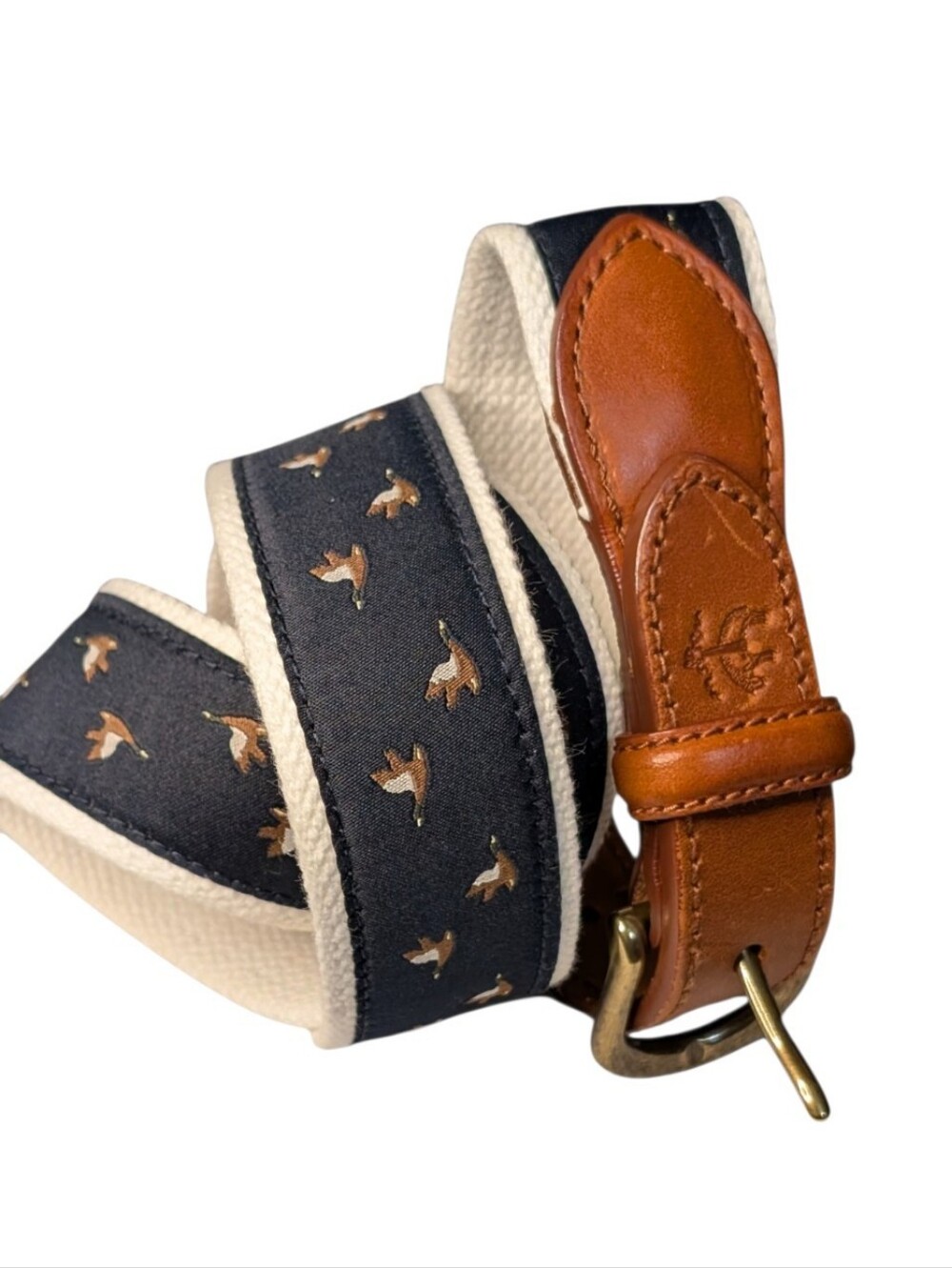 Brooks Brothers Men's Navy Casual Duck Ribbon Belt Leather Trim Brass Buckle 38